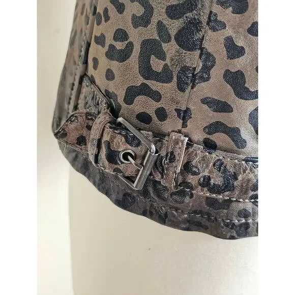 New Mauritius Vicki Leopard Print Leather Moto Jacket $350 Size 10
